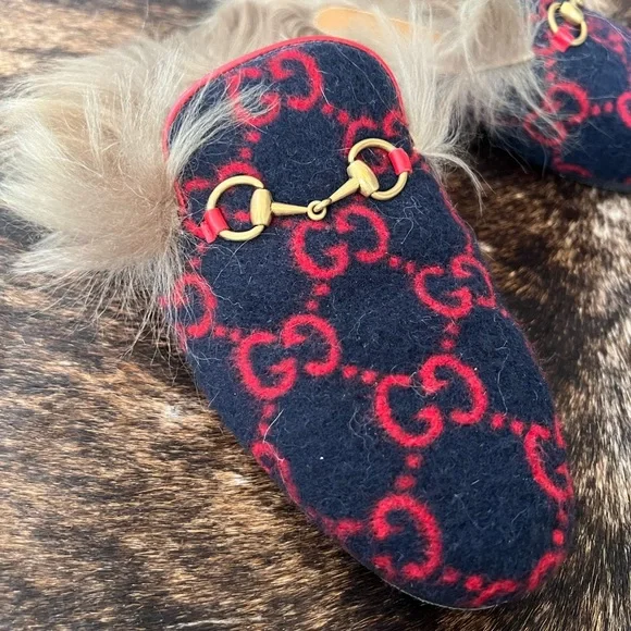 SOLD!! GUCCI DOUBLE GG WOOL/SHEARLING FUR MULE/SHOES/SLIDE - Picture 3 of 9